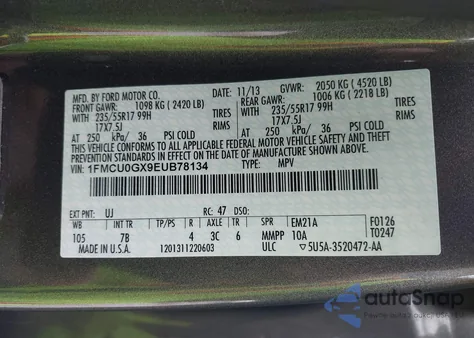 2014 Ford Escape Se из США, поврежденный, VIN 1FMCU0GX9EUB78134